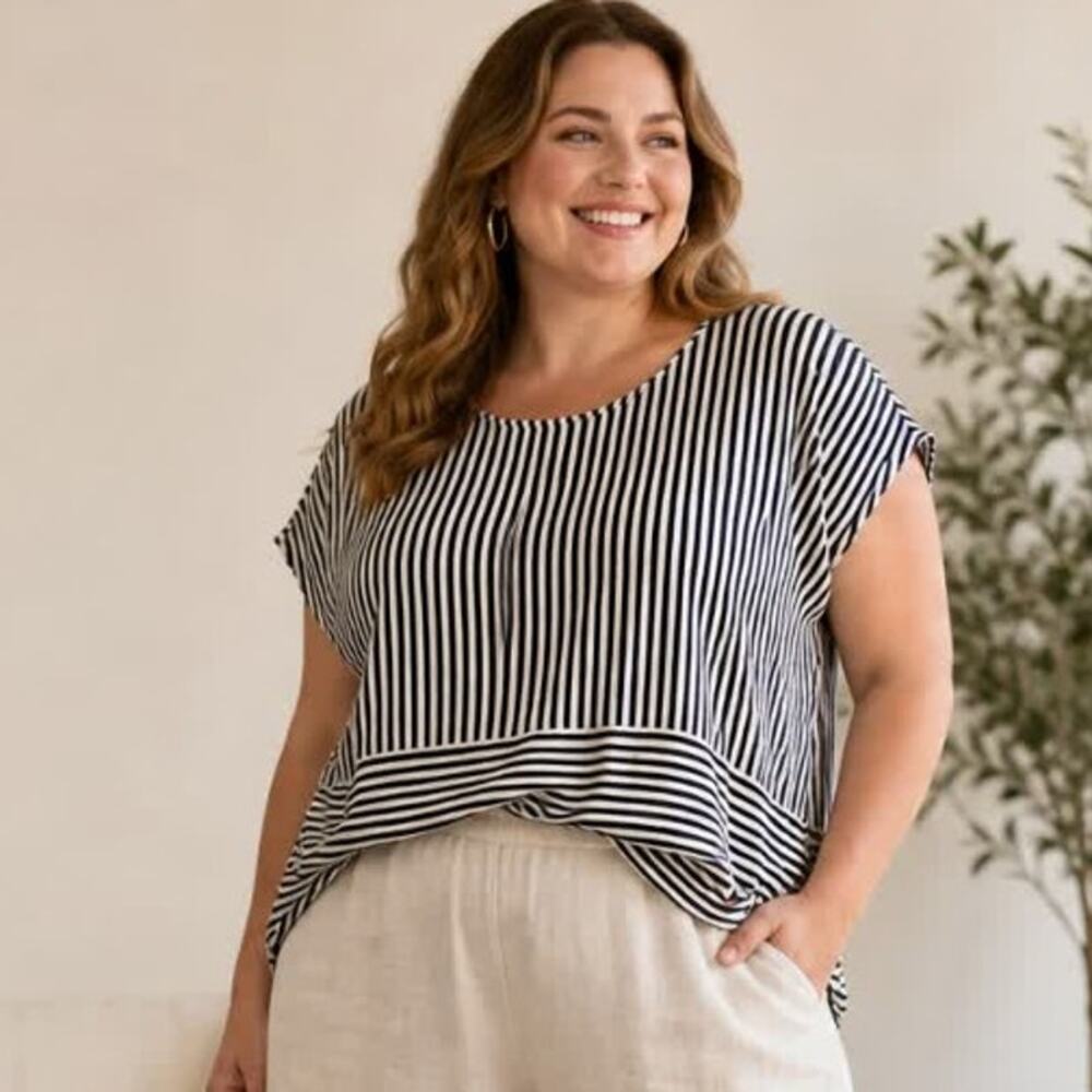 H&M Striped Knit Top L Mixed Stripe Button Back Scoop Neck Cap Sleeve Blouse